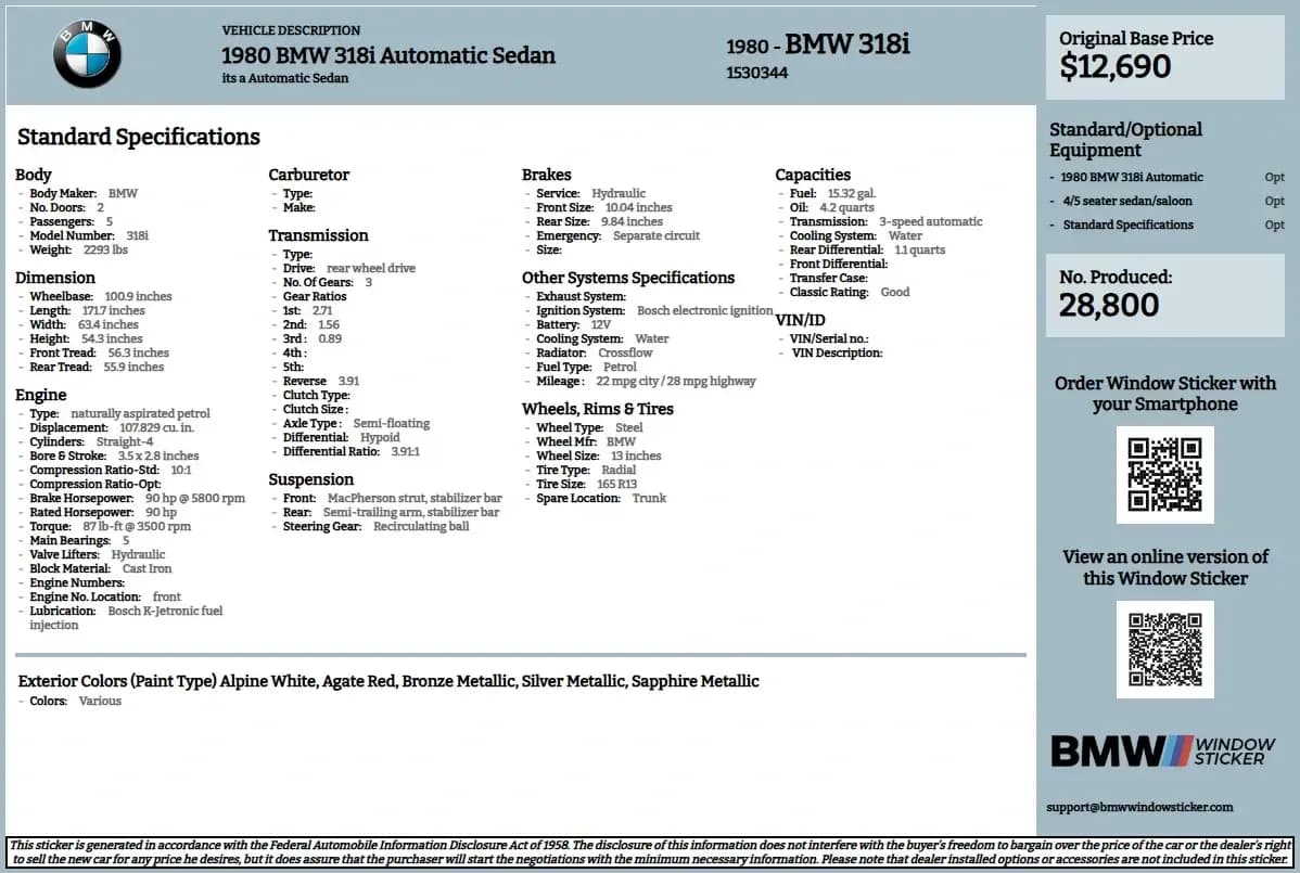 BMW Build Sheet
